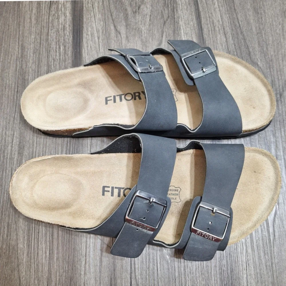 Fitory Mens Black Cork Slide Sandals Double Buckle Leather Insole Size 12 Insole